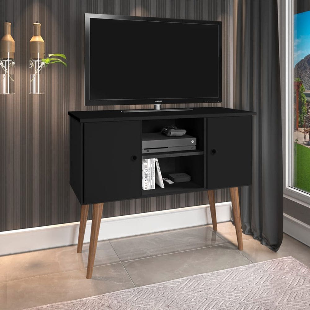 Aparador Rack Multiuso Viena para Tv 40 Polegadas - 2 Portas Pés em Madeira Maciça - Preto