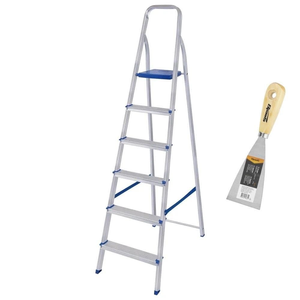 Escada Doméstica 6 Degraus em Alumínio Até 120 KG 5104 MOR com Espátula SPARTA