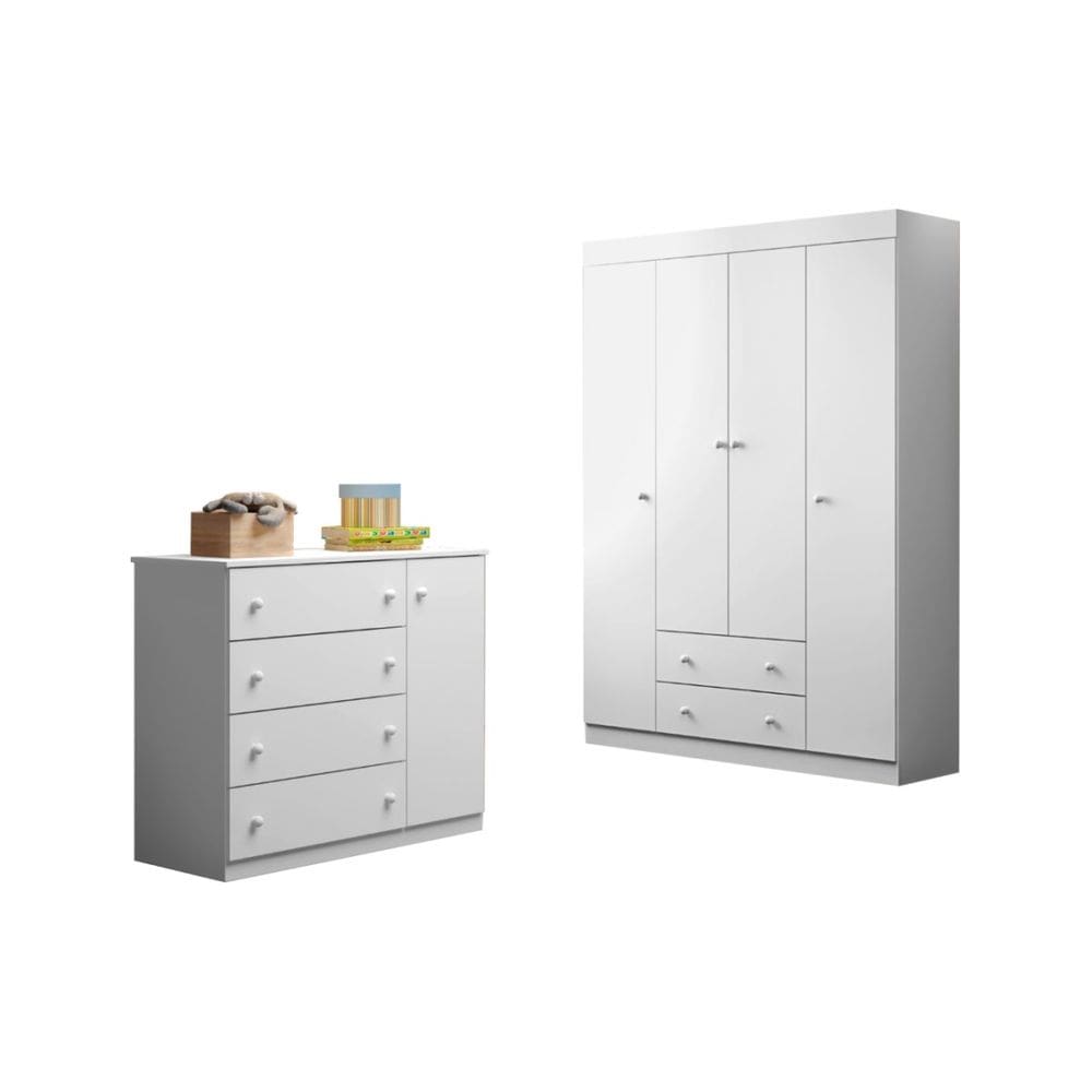 Quarto Infantil Bebê Helena Cômoda E Guarda Roupa Branco