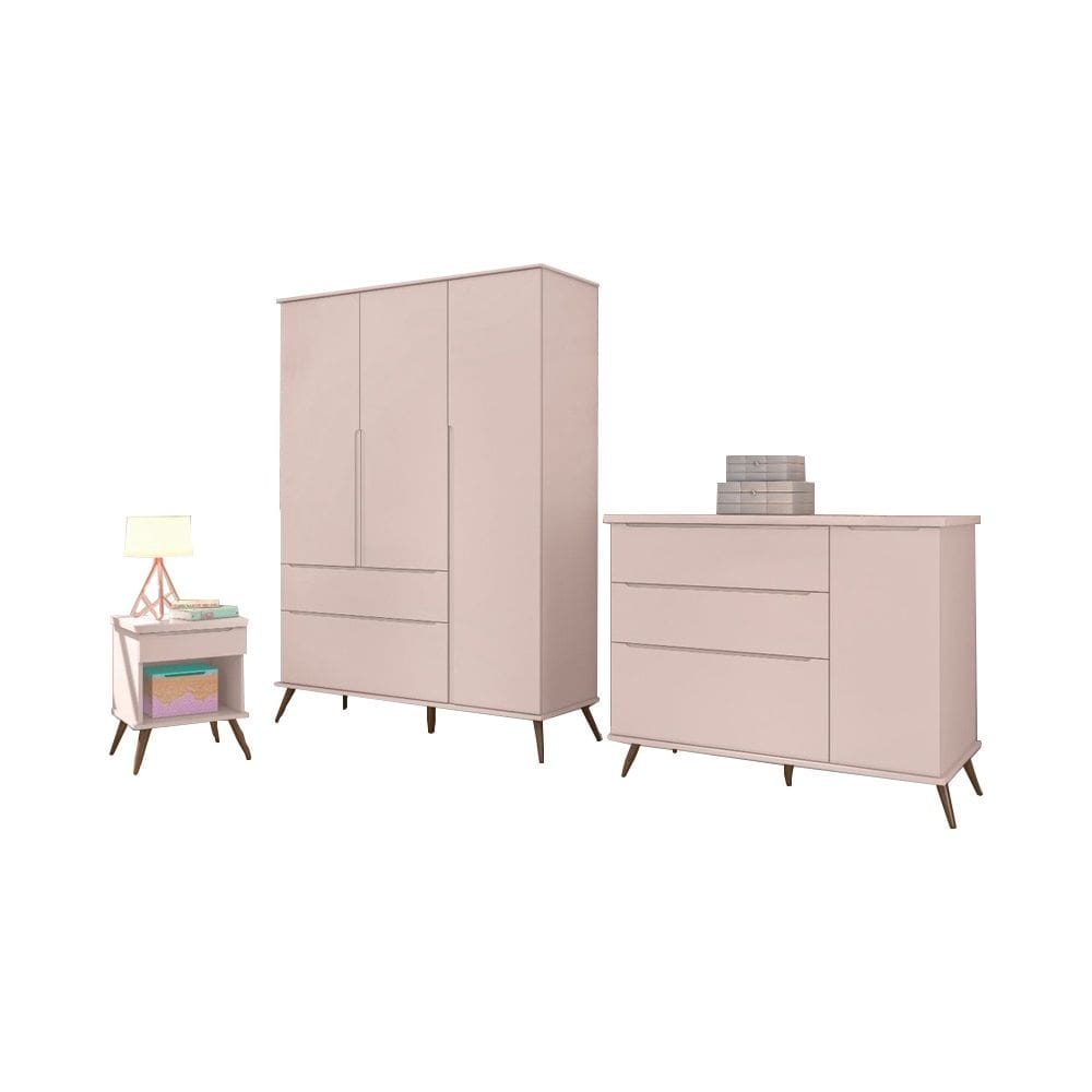 Quarto Infantil Bebê Melinda Cômoda Guarda Roupa Mesa de Apoio Rosê