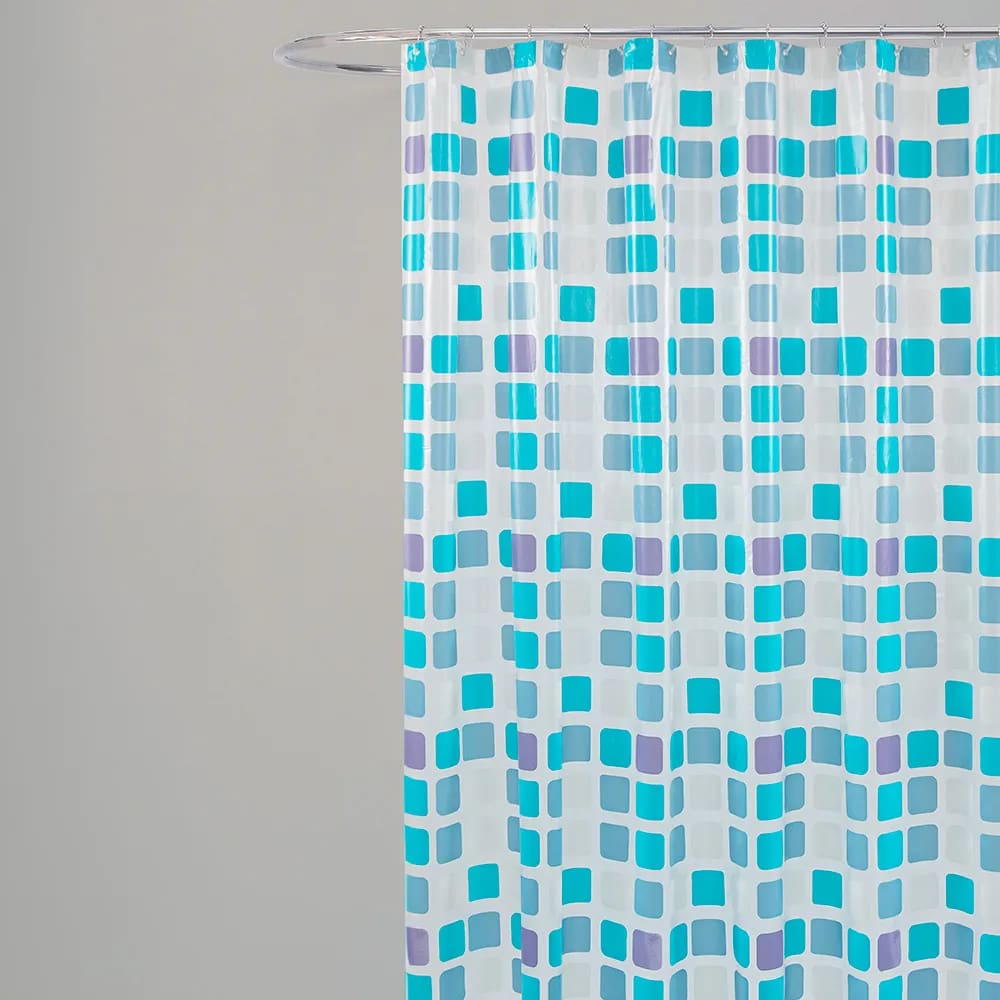 Cortina Para Box Banheiro PVC Antimofo 198x180cm - Ladrilho Azul e Branco