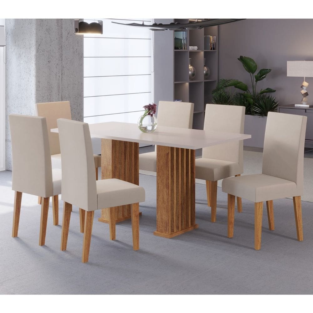 Conjunto Sala de Jantar Lucerna Mesa 160x80cm Tampo Sem Vidro com 6 Cadeiras Venus Cobre/Blonde/Pastel- Casa Giulia