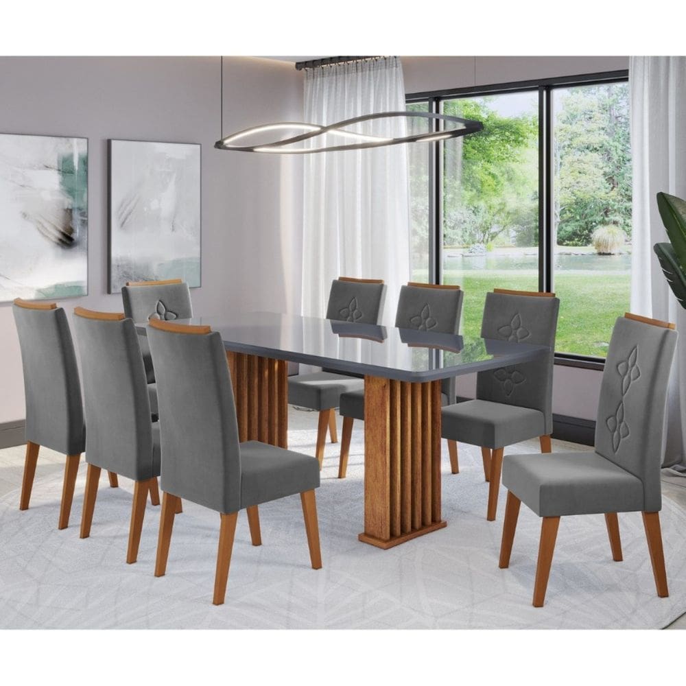 Conjunto Sala de Jantar Zuri Mesa 200x90cm Tampo Com Vidro e 8 Cadeiras Flora Cobre/Grafite/Cinza - Casa Giulia