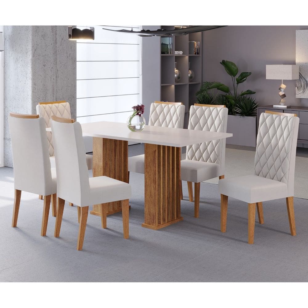 Conjunto Sala de Jantar Portinar Mesa 160x80cm Tampo Sem Vidro e 6 Cadeiras Iza Cobre/Blonde/Pastel - Casa Giulia