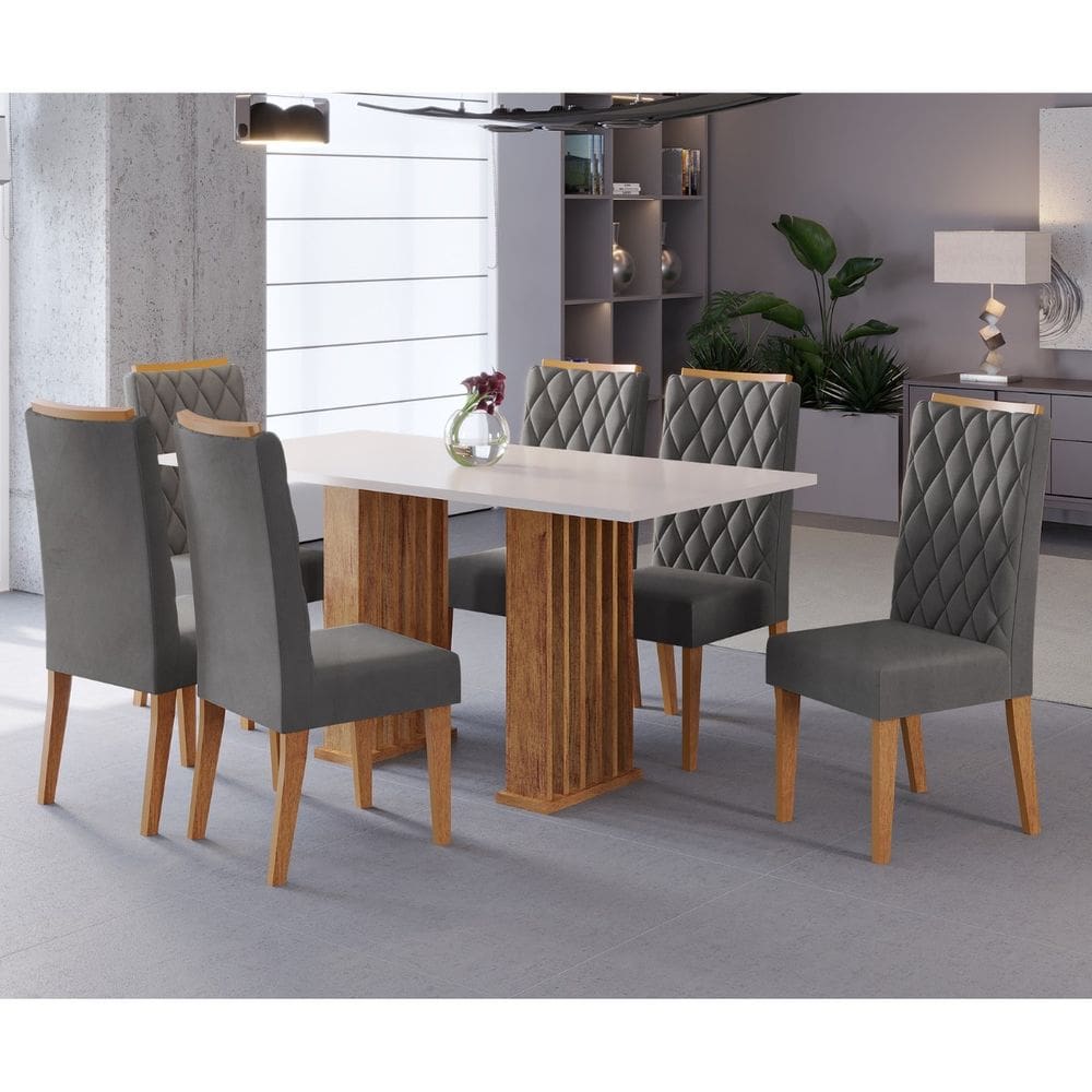 Conjunto Sala de Jantar Portinar Mesa 160x80cm Tampo Sem Vidro e 6 Cadeiras Iza Cobre/Blonde/Cinza - Casa Giulia