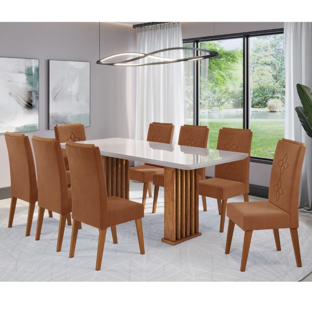 Conjunto Sala de Jantar Zuri Mesa 200x90cm Tampo Com Vidro e 8 Cadeiras Flora Cobre/Off White/Terracota - Casa Giulia