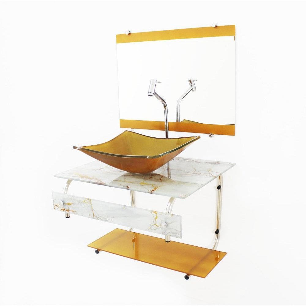 Gabinete Vidro 60Cm Cuba Retangular Mármore Branco Dourado