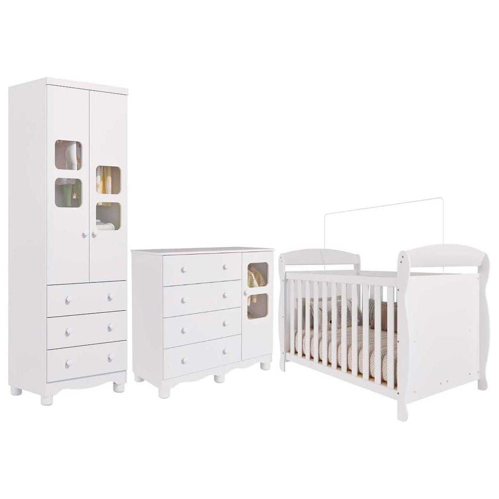 Quarto De Bebê Completo Branco Com Berço Guarda-Roupa Cômoda