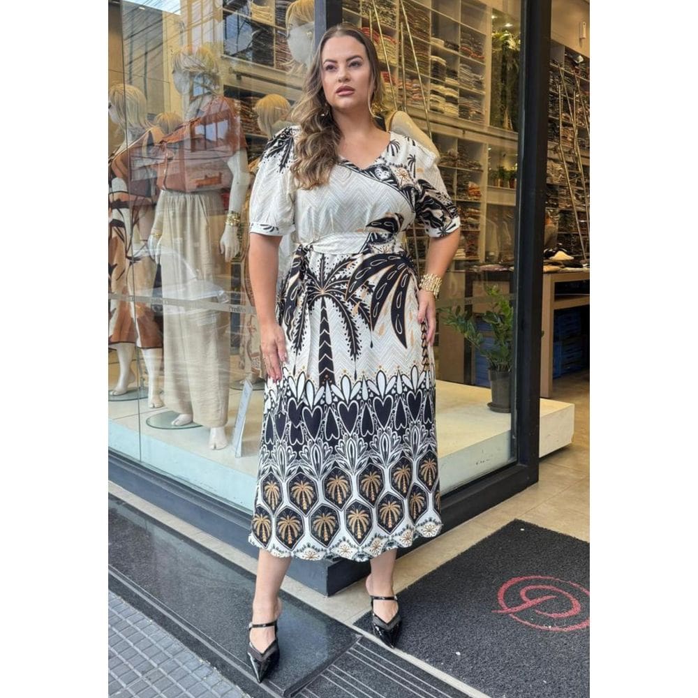 Vestido Midi Plus Size Estampado Manga Princesa