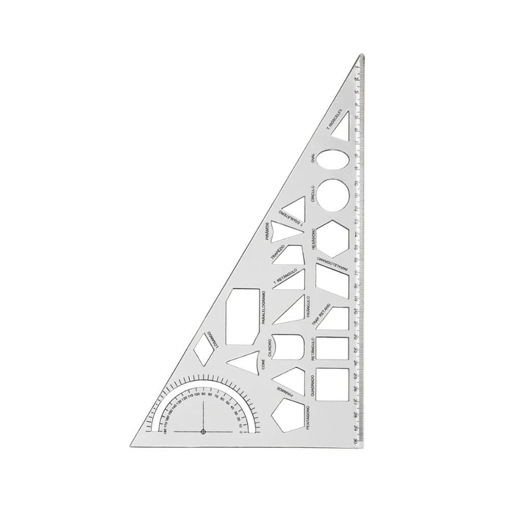 Régua Escolar Esquadro Geométrico 30cm Cristal c/ 19 formas Geométrica - Maxcril | Papelaria | Matemática | Escritório |