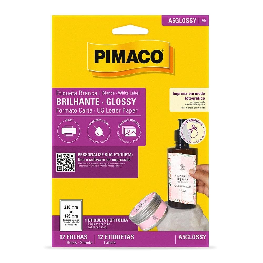 Etiqueta papel glossy brilhante A5 A5GLOSSY 12 folhas Pimaco