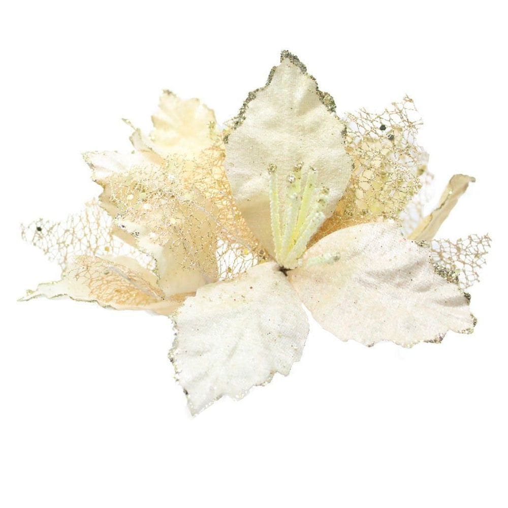 Kit 4 Flores Com Cabo Artificial Decoração De Natal Com Glitter 22cm