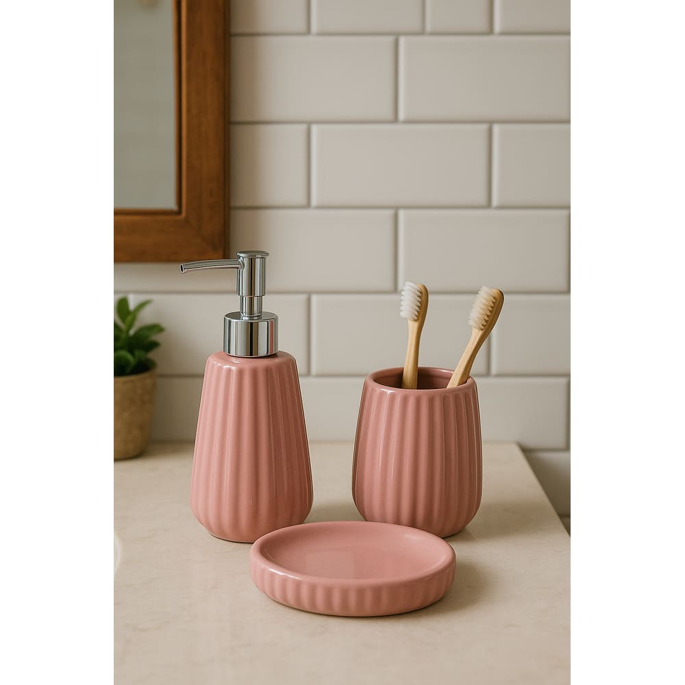Kit Banheiro de Cerâmica 3 Peças Rosa com Prata - Rosa