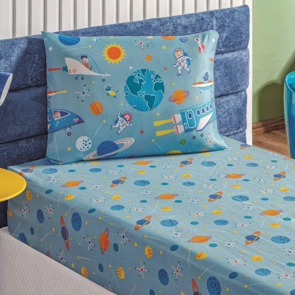 Jogo De Cama Lençol Bouti Infantil Kids Solteiro 02 Peças - Astronauta - Seleção de Alta Qualidade