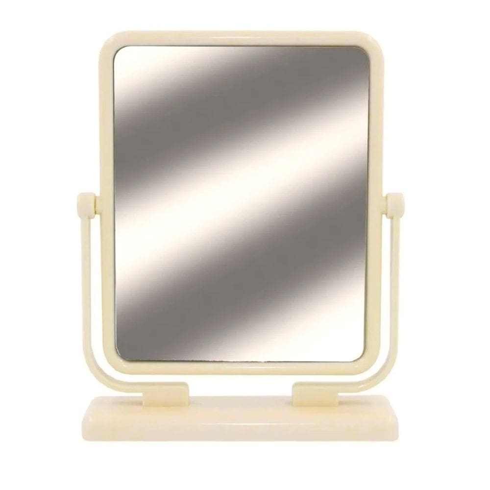 Espelho de Mesa Dupla Face Gira 360 Graus Com Moldura Plastico Bege Para Maquiagem 12x16Cm Folia