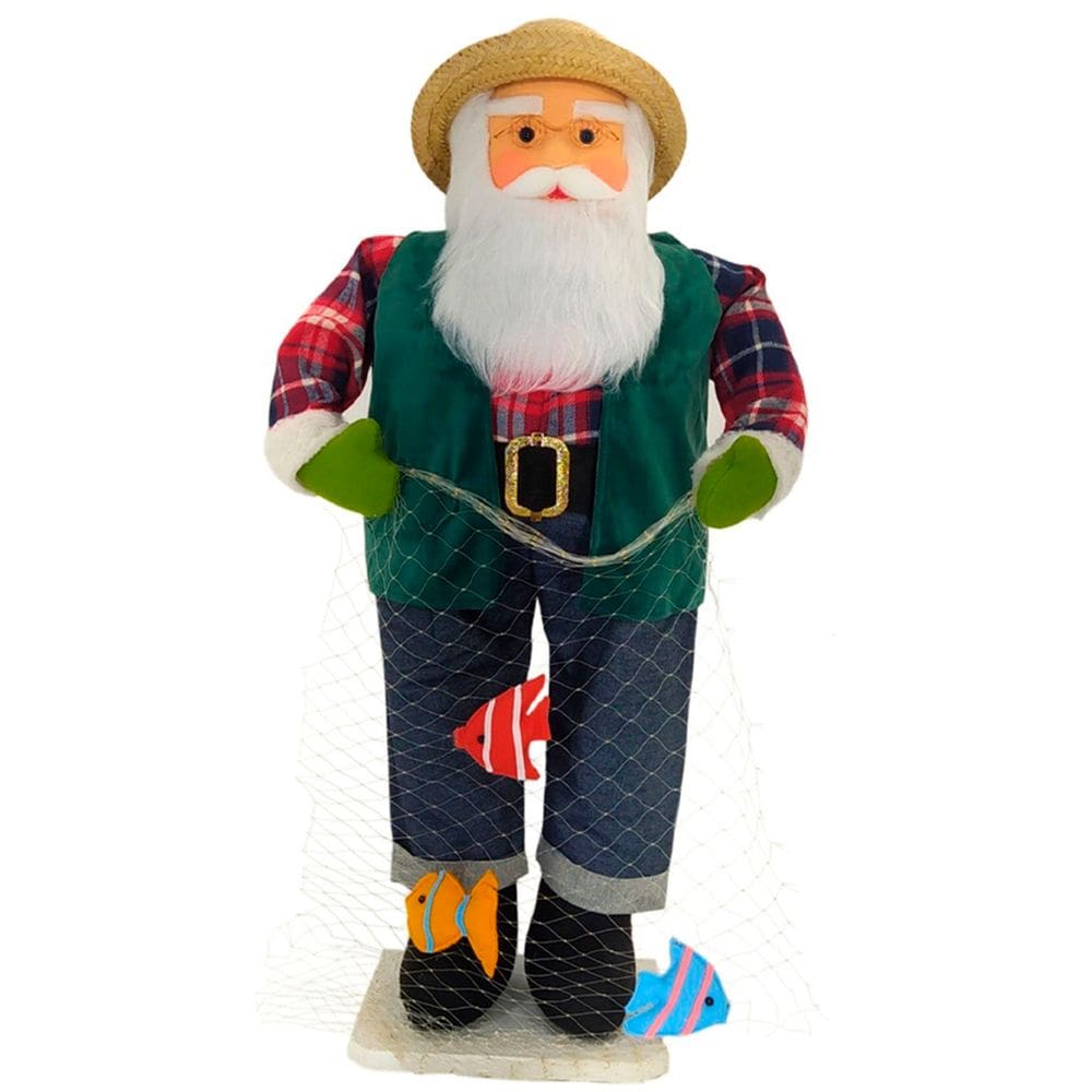 Boneco Natalino Papai Noel Pescador Pesca Rede Peixe De 83cm