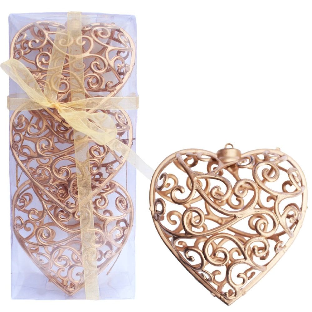Kit 6 Decoração Pendente Coração Dourado Árvore Natal 10cm
