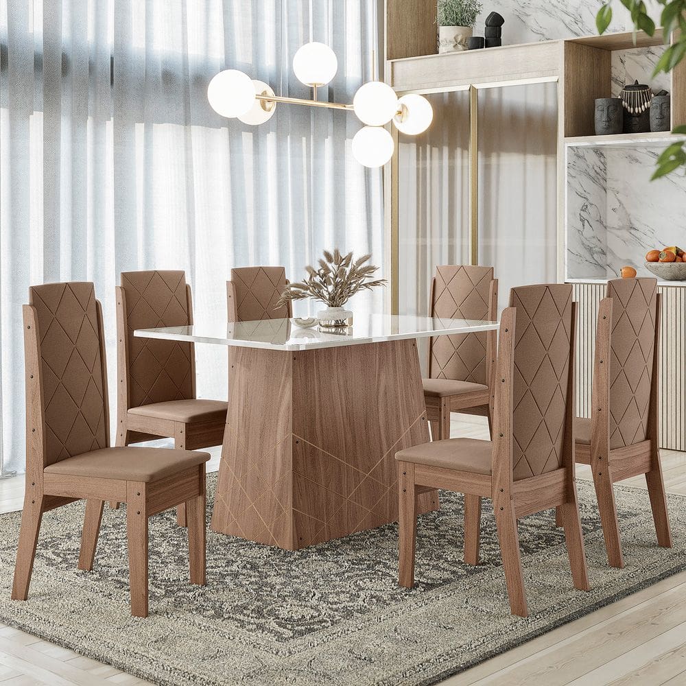 Conjunto Sala de Jantar Luanda 1,35 com 6 Cadeiras Amendoa 73B