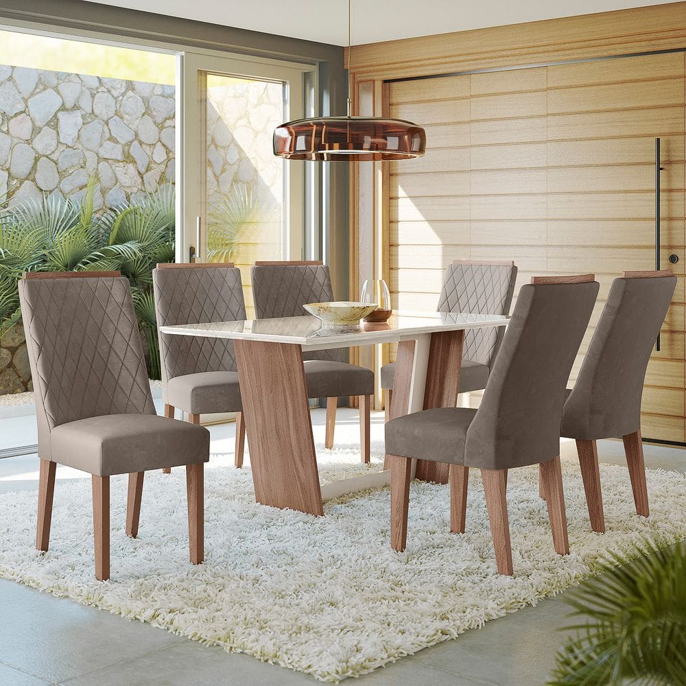 Conjunto Sala de Jantar Romenia 1,56 com 6 Cadeiras Amendoa 01A