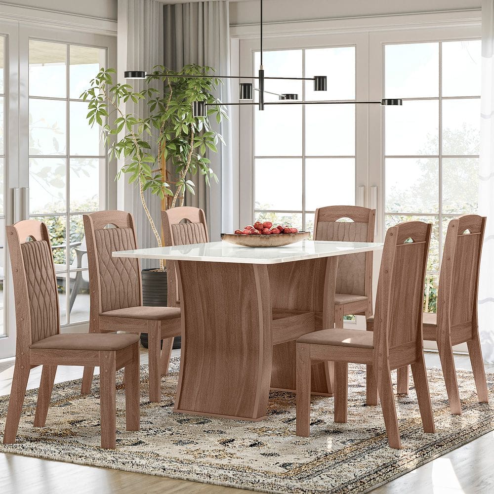 Conjunto Sala de Jantar Belgica 1,35 Com 6 Cadeiras Amendoa 73B