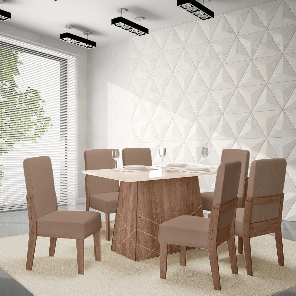 Conjunto Sala de Jantar Gaia 1,35 com 6 Cadeiras Amêndoa 73B