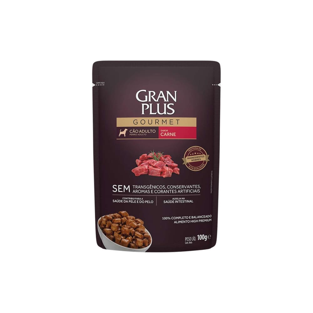 Caixa Ração Úmida GranPlus Sachê Gourmet Carne para Cães Adultos 18 unidades - 100g cada