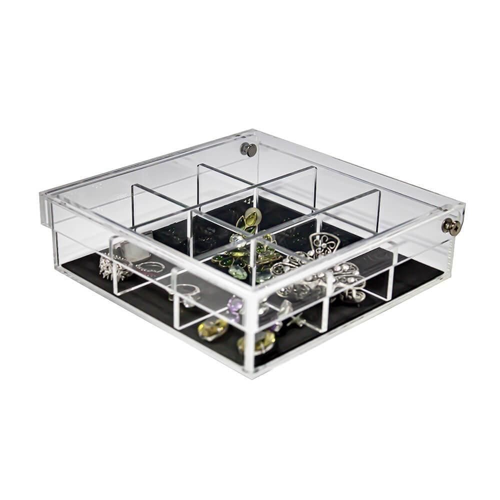 Porta Joias Acrílico Square Com Tampa Articulada E 9 Nichos