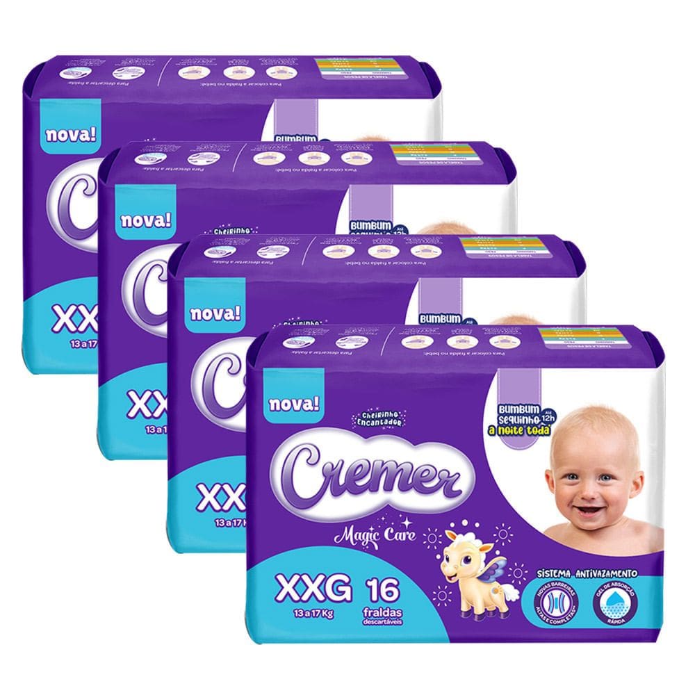 Kit 4 Fraldas Cremer Magic Care Tamanho XXG com 16 Unidades cada