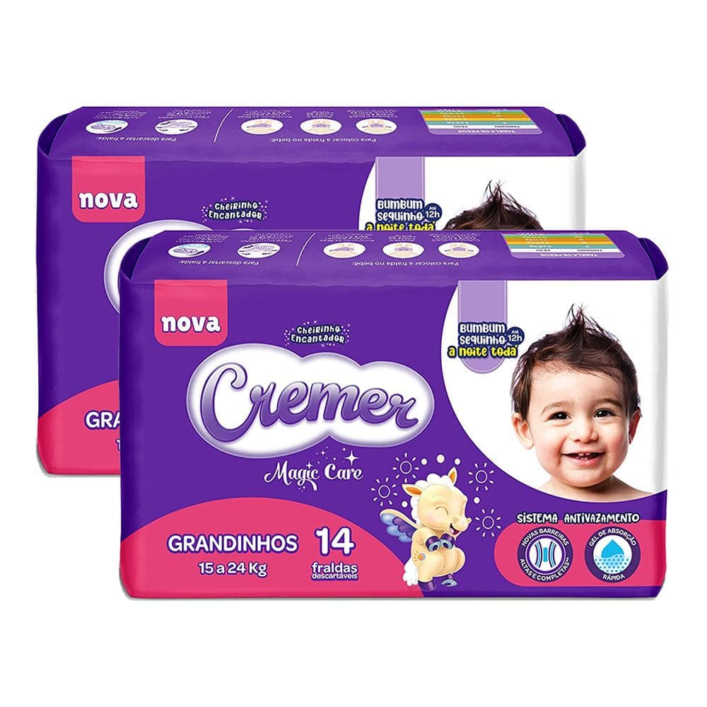 Kit 2 Fralda Cremer Magic Care Grandinhos Pacote Jumbo 14 Unidades Descartáveis cada