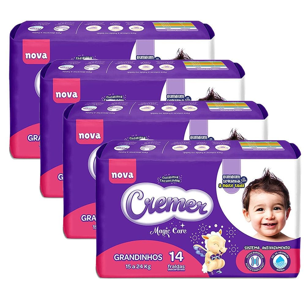 Kit 4 Fralda Cremer Magic Care Grandinhos Pacote Jumbo 14 Unidades Descartáveis cada