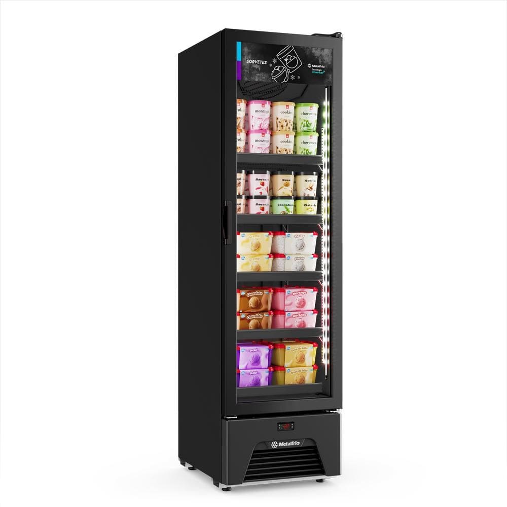 Freezer Vertical Sorvetes Frost Free -18 a -22ºc Slim Inverter 204/337l Vf28 All Black 220v - Metalfrio