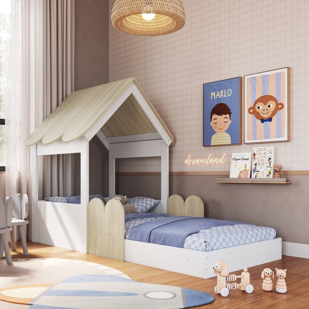 Cama Infantil Montessoriana com Casinha Infanto Branco / Carvalho Araguaia