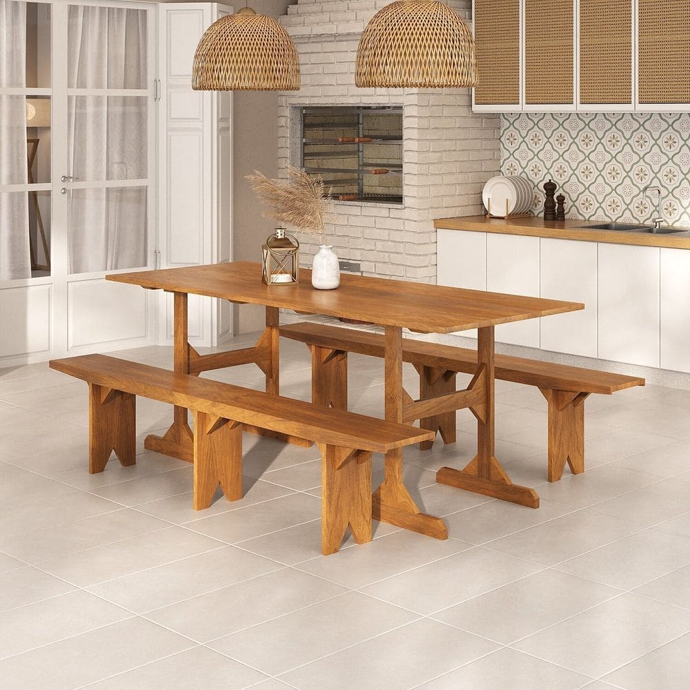 Conjunto de Móveis para Jardim Mesa com 2 Bancos Mogno/Mel
