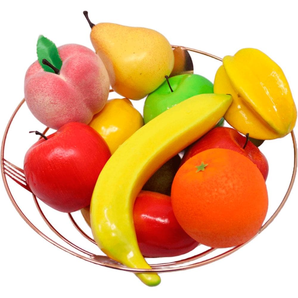 Kit Fruteira Frutas Artificial Isopor E Cesta Inox Rose Gold