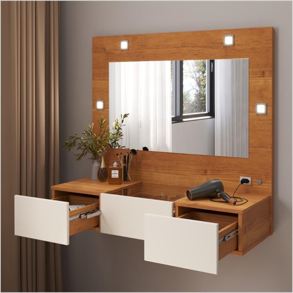 Penteadeira Camarim Suspensa LED 3 Gavetas 96cm Nature Off White Sofia Ofertamo