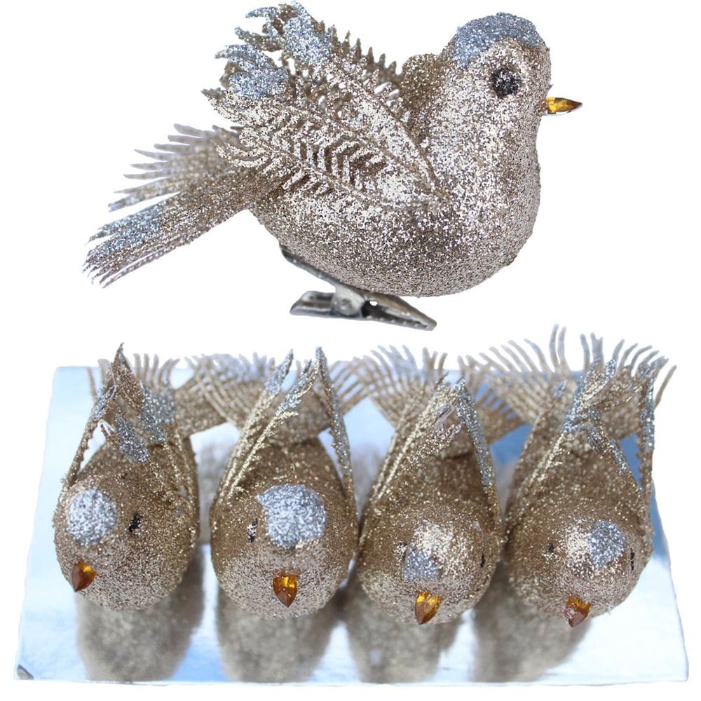 Kit 8 Decoração Natal Presilha Pássaro Bronze Com Glitter