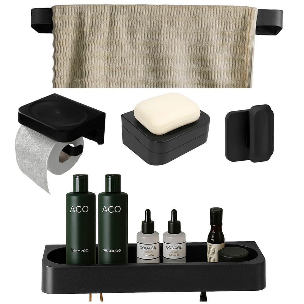 Kit Banheiro 5pç Saboneteira + Papeleira + Porta Shampoo + Toalheiro Gancho Com Adesivo Preto - Eleve Ou