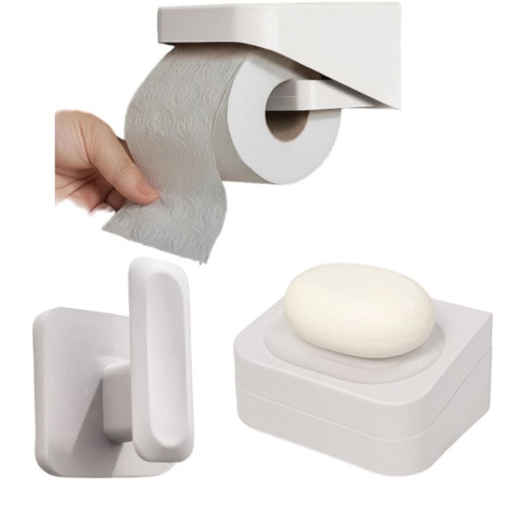 Kit Banheiro 3pç Saboneteira + Papeleira + Gancho Com Adesivo Bege - Eleve Ou