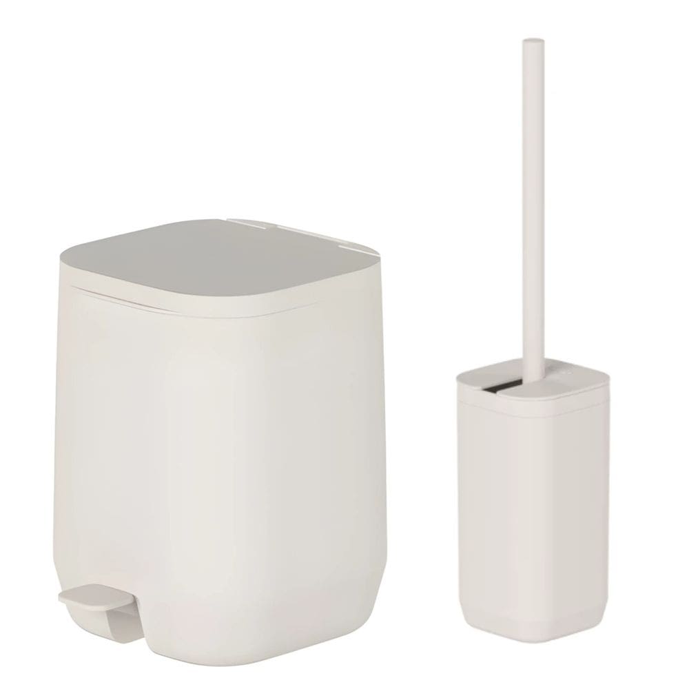Kit Banheiro 2pç Lixeira 6L Com Pedal + Suporte Porta Escova Sanitária Bege - Aura Ou