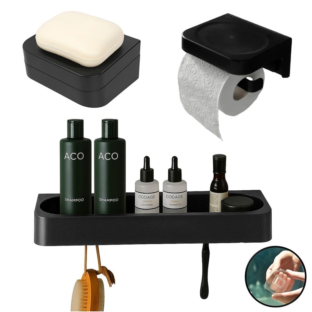 Kit Banheiro 3pç Saboneteira + Papeleira + Porta Shampoo Com Adesivo Preto - Eleve Ou