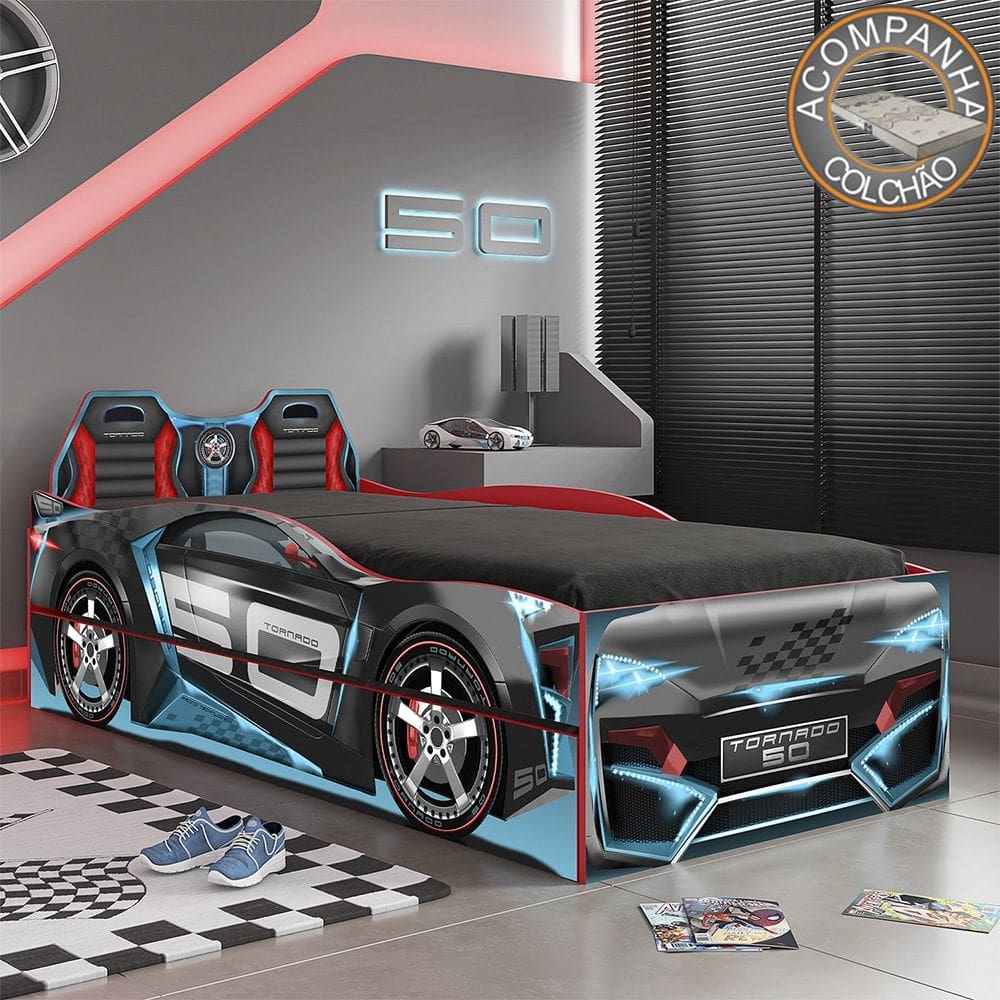 Bicama Infantil Carros Tornado Fun Preto Azul Pura Magia Com Colchão Gazin