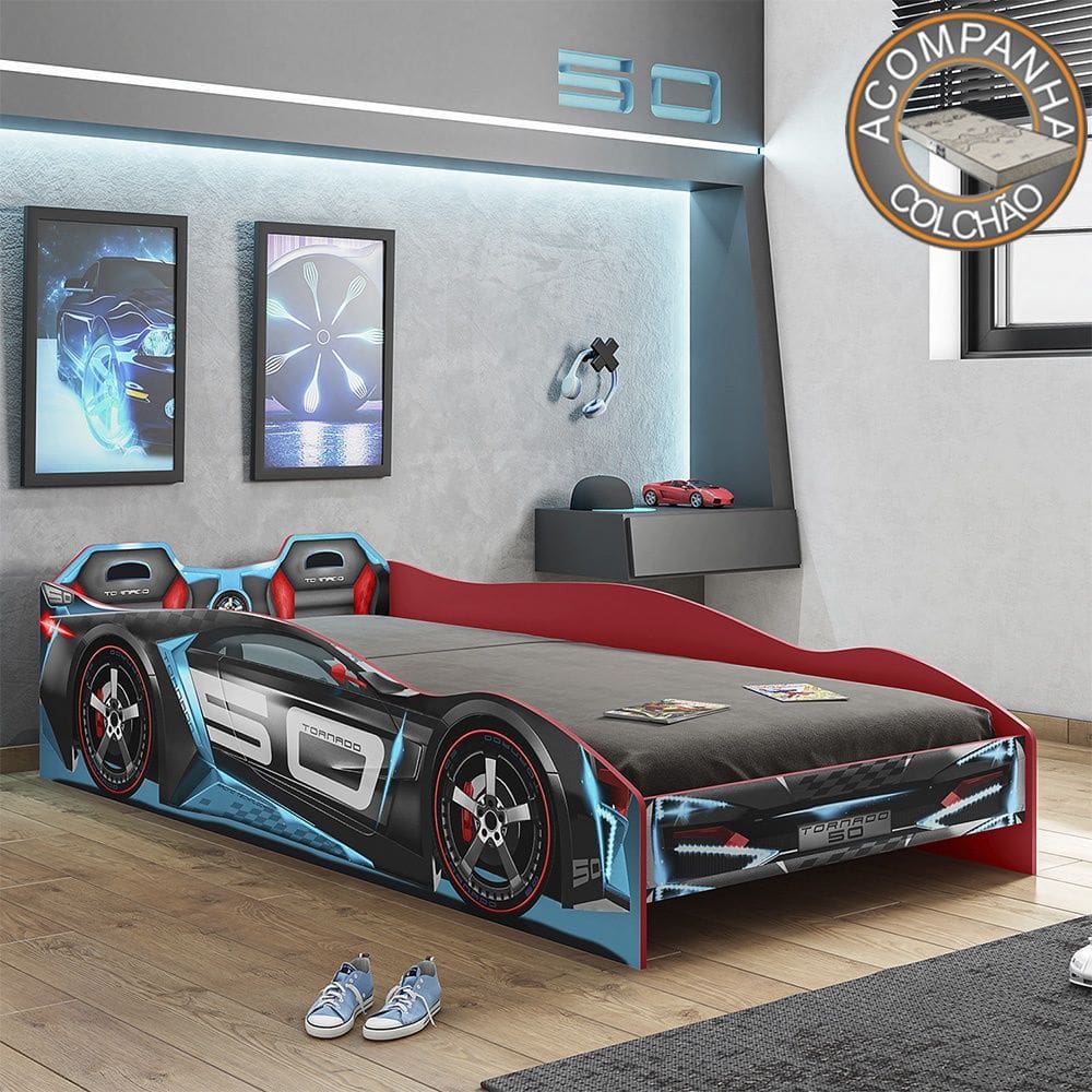 Cama Infantil Carros Tornado Plus Preto Azul Pura Magia + Colchão Gazin
