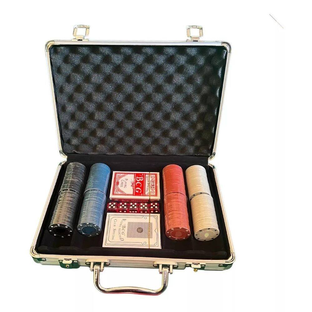 Kit Poker Maleta Profissional 200 Fichas 2 Baralhos 5 Dados