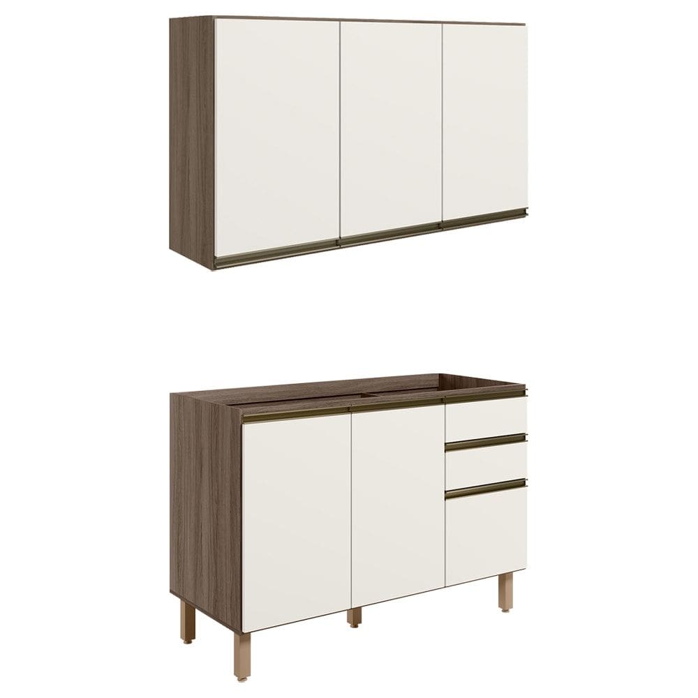 Armario Aereo Balcao Pia 120 cm MDF Kali Carvalho Toq Off White Cetim Nicioli