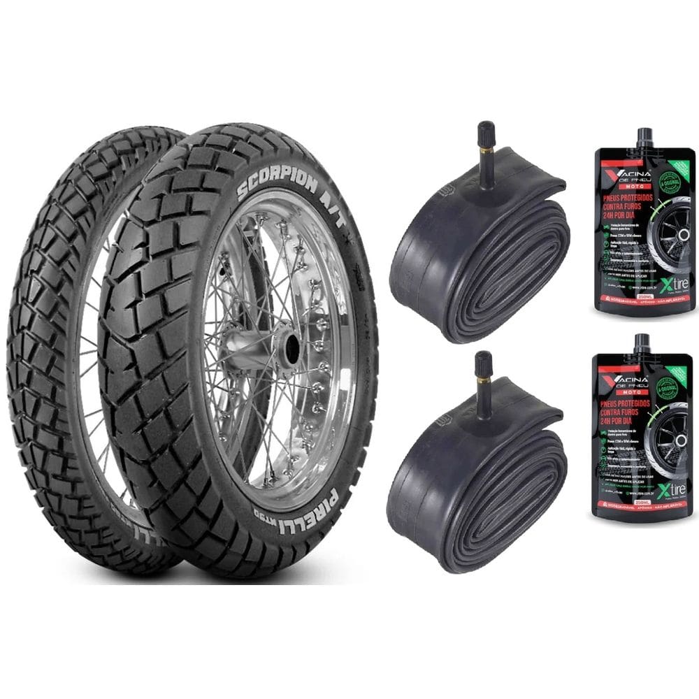 Kit Com Par Pneu Moto 90/90-21 54S + 120/80-18 62S Pirelli Mt90 + Par Camara Shiver + Par Selante Pneu