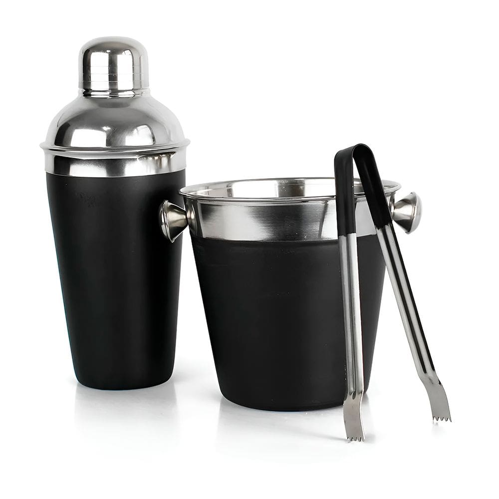 Kit Conjunto Bar 3 Peças Coqueteleira Balde Pegador Inox Preto