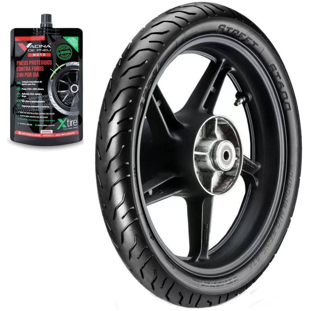 PNEU TRASEIRO 100/90-18 ST600 TL (USO SEM CAMARA) 56P VIPAL STREET + REPARO TAPA FURO X-TIRE Titan 160 Cbx 200