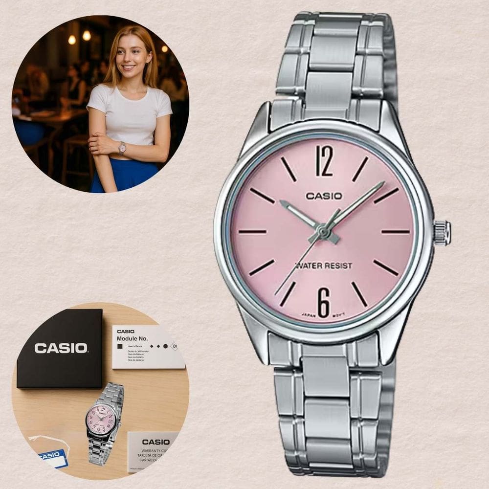 Relógio Casio Analógico LTP-V005D Feminino Pulseira Inox Resistencia Água 3ATM Prateado Moderno Casual Pequeno Redondo