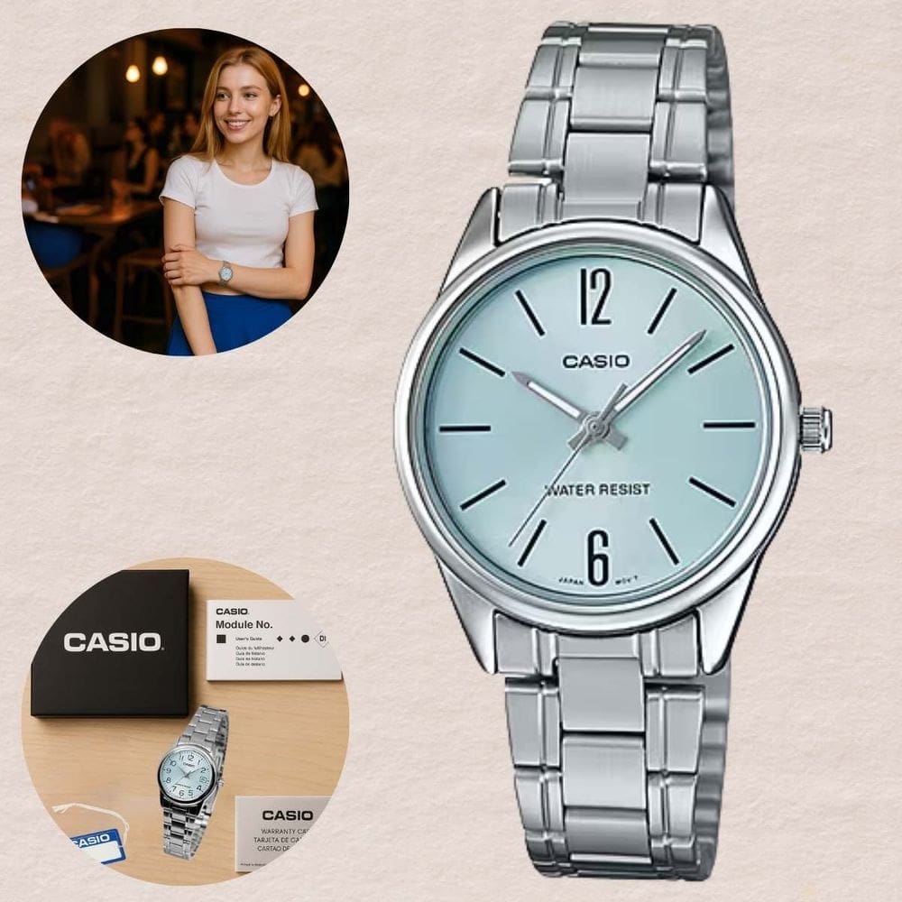 Relógio Casio Analógico LTP-V005D Feminino Pulseira Inox Resistencia Água 3ATM Prateado Moderno Casual Pequeno Redondo