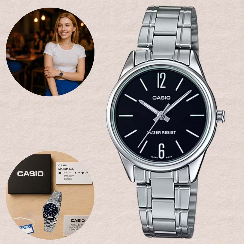 Relógio Casio Analógico  LTP-V005D Feminino Pulseira Inox Resistencia Água  3ATM Prateado Moderno Casual Pequeno Redondo